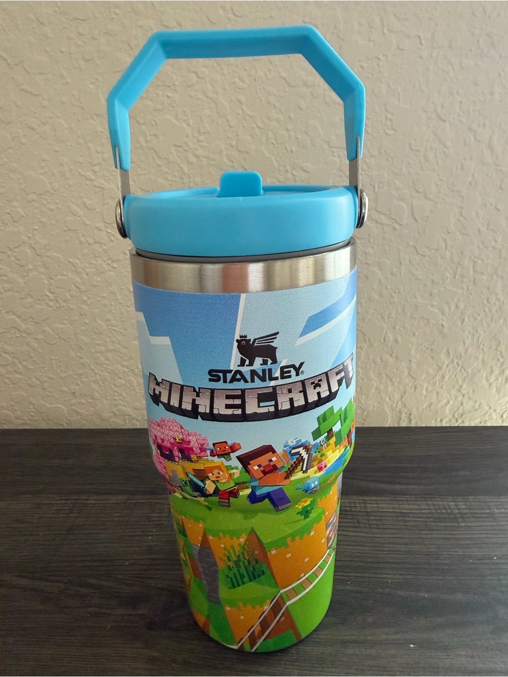 Minecraft Style 20oz Flip Straw Tumbler Blue Gaming Cup
